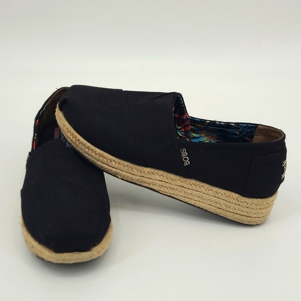 Skechers BOBS Women Black Canvas Espadrille Platform Slip On Flats Memory Foam